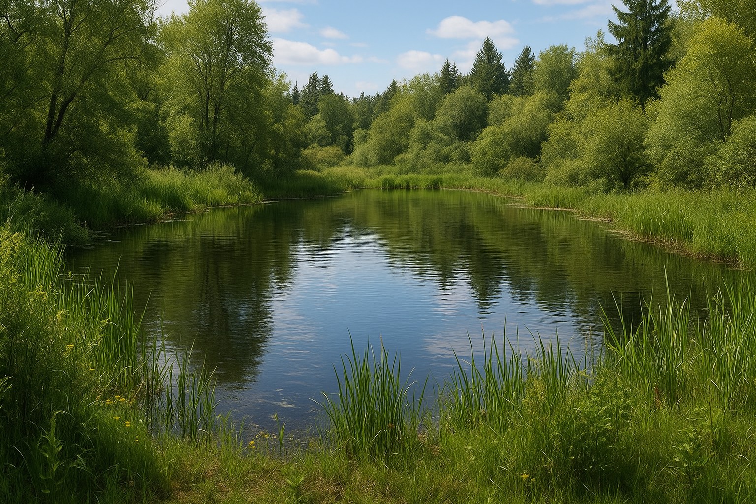 Pond with native vegetation in Washington, illustrating water resources' role in wildlife capacity.