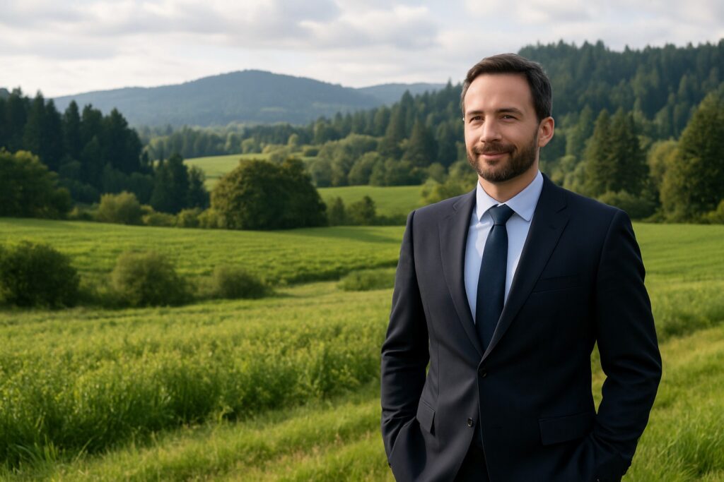 Land broker in a Washington State farm setting with hills and evergreens.
