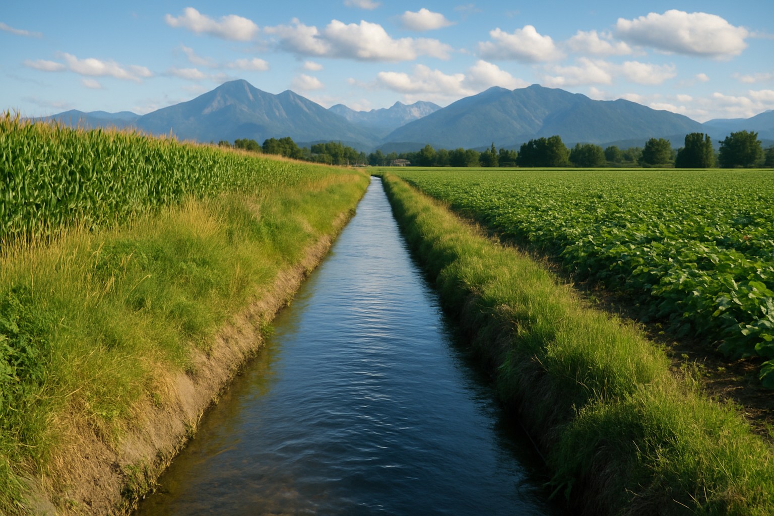 Irrigation canal on Washington farmland with mountains.