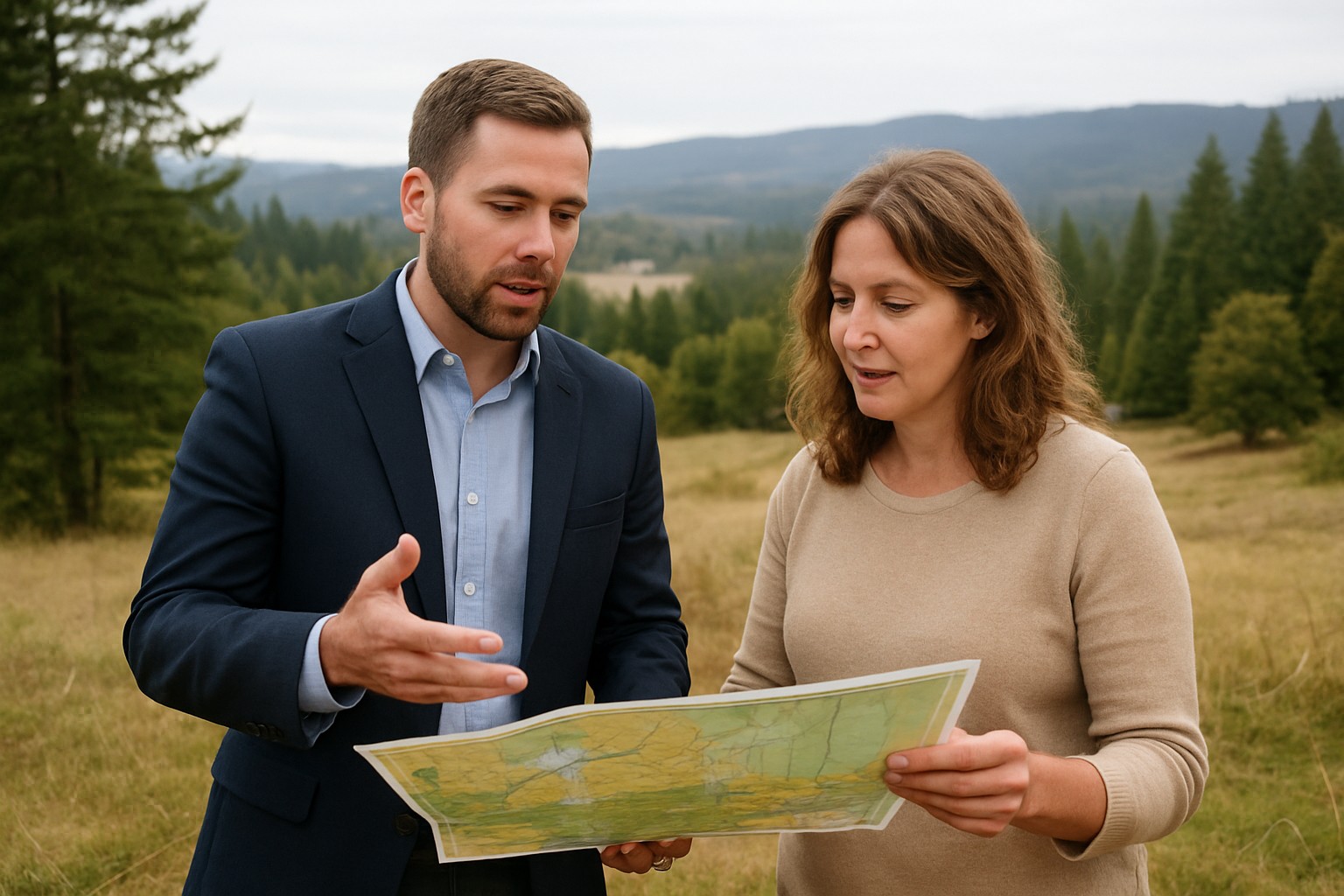 Land broker and client reviewing a map in a rural Washington landscape.