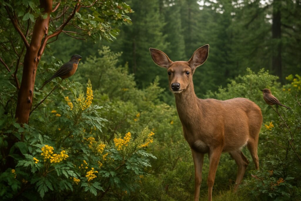 Washington State landscape with native plants and wildlife.