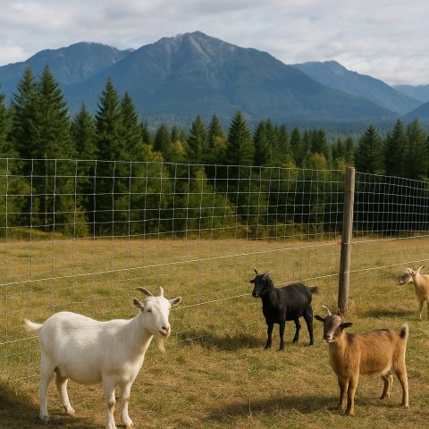 Secure goat fencing in Washington State with mountains and evergreens.