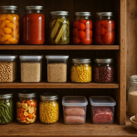 A pantry in Washington State with preserved produce, grains, and protein sources.