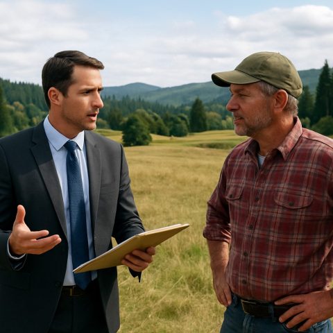 Land broker discussing land use with a farmer in Washington State.