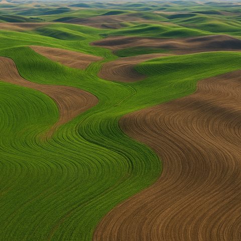 Aerial view of Eastern Washington rolling hills with conservation tillage patterns.