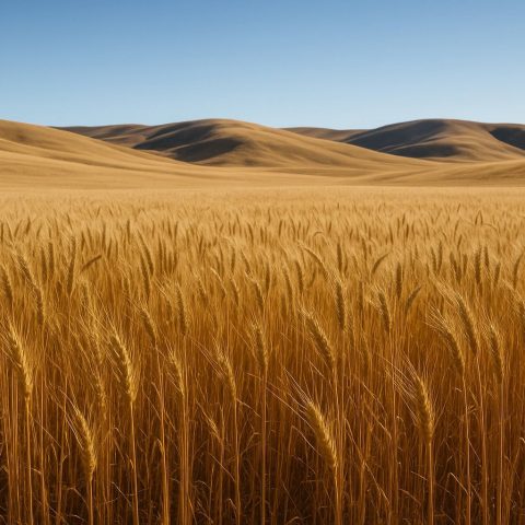 Dryland wheat field in Eastern Washington with golden wheat and rolling hills.