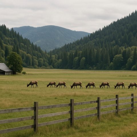 Elk grazing on a Washington State ranch with rolling hills and forests.