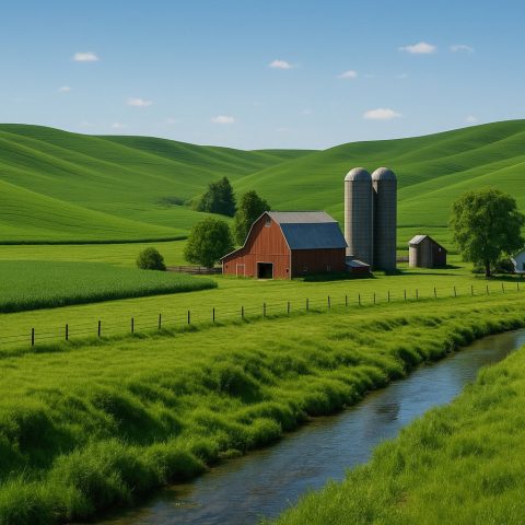 Washington State farm with rolling hills and a creek.
