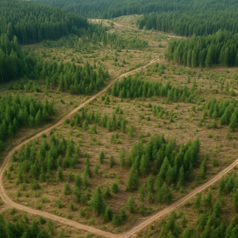 Aerial view of managed forest in Washington State with firebreaks and logging roads.