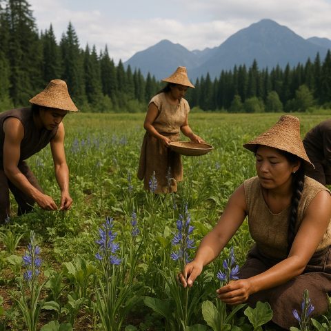 Indigenous people practicing sustainable agriculture with camas and wapato in the Pacific Northwest.