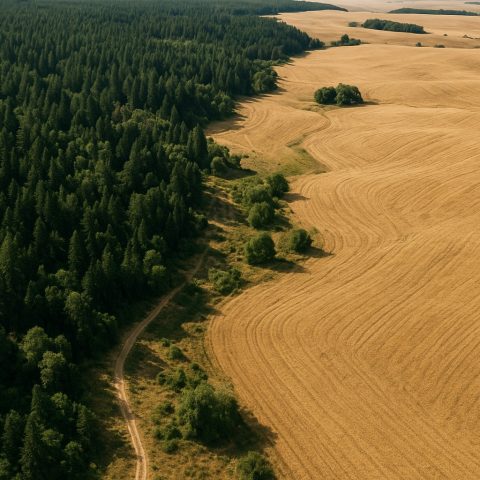 Aerial view of Washington State landscapes with forests and wheat fields.