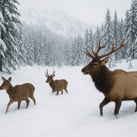 Deer and elk in deep snow in a Washington State forest.