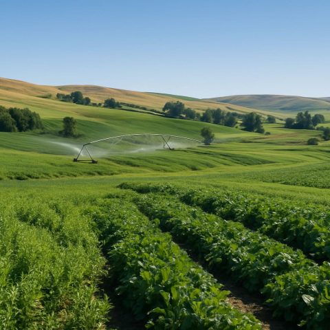 Irrigated farm in Central Washington with crops and blue sky.