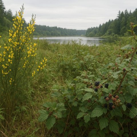 Invasive plants like Scotch broom and Himalayan blackberry in a Washington State landscape.