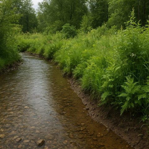 Riparian buffer with native plants stabilizing soil along a stream in Washington State.