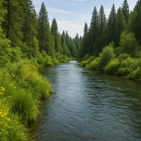 Pristine river with riparian buffers in Washington State.