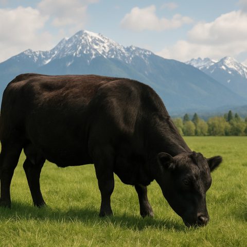 Angus steer grazing in a Washington State pasture with mountains in the background.