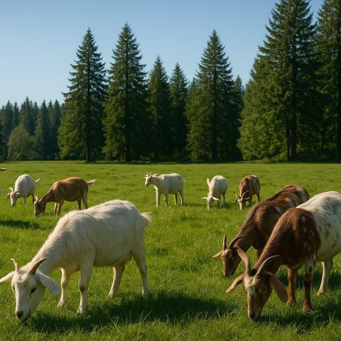 Goats grazing on a lush pasture in Western Washington with evergreen trees.