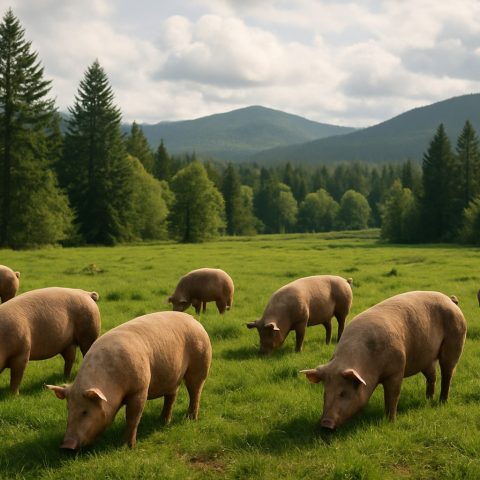 Pigs grazing in a lush pasture in Washington State with evergreen trees.