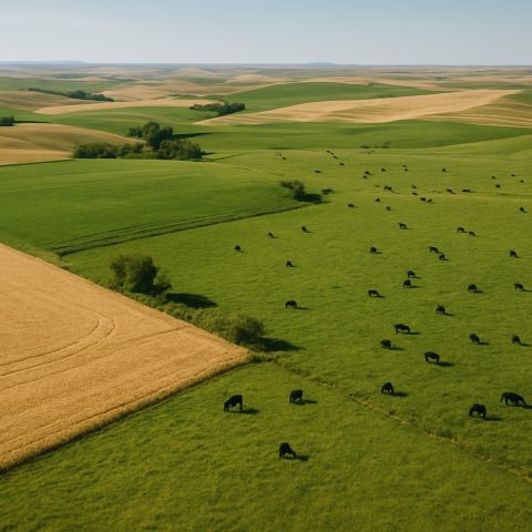 Aerial view of Washington State's diverse agricultural landscape with wheat fields, hay ground, and grazing lands.