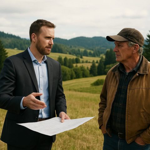 Land broker in Washington State discussing land management with a farmer.