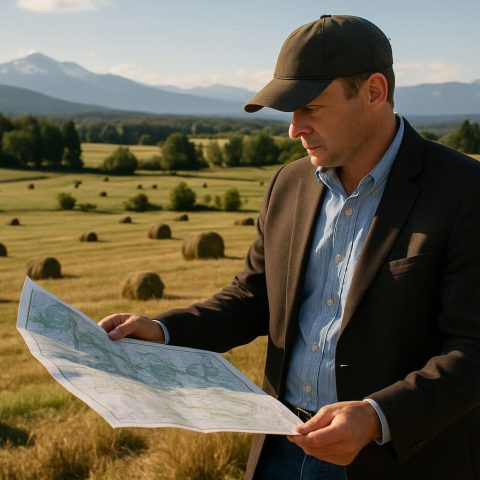 A land broker reviewing a map on a Washington State farm with hay fields and mountains in the background.
