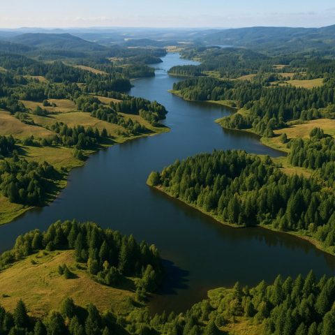 Aerial view of Washington State landscape with hills, forests, and water bodies.