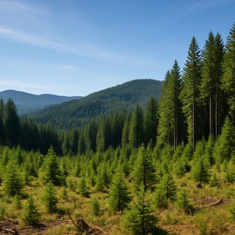 Aerial view of managed timberland in Washington State with dense green trees and clear skies.