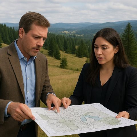 Land broker and title company representative reviewing a property map in rural Washington State.