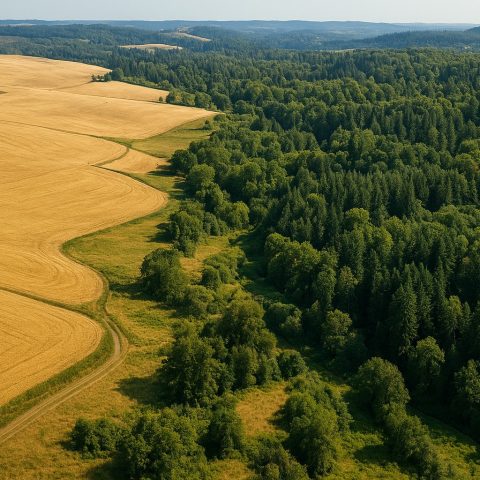 Aerial view of Washington State landscapes with wheat fields and forests.
