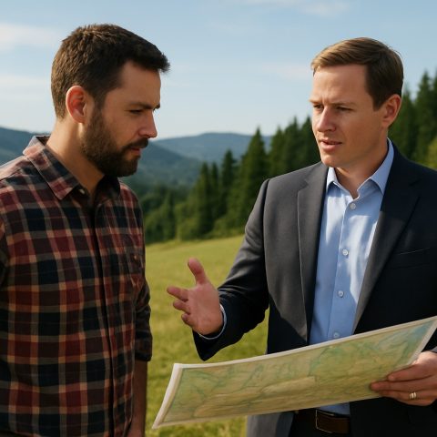 Land broker and client reviewing a map in rural Washington.