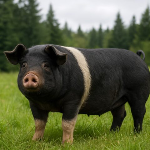 Berkshire pig in a Washington State pasture with evergreen trees.