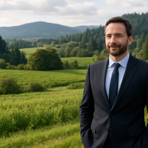 Land broker in a Washington State farm setting with hills and evergreens.