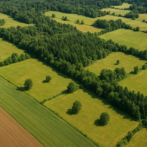 Aerial view of Washington State landscape with agricultural land and forests, highlighting conservation easements.