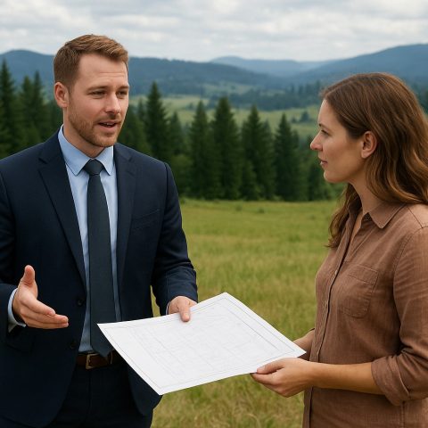 Land broker and client in rural Washington discussing land details.