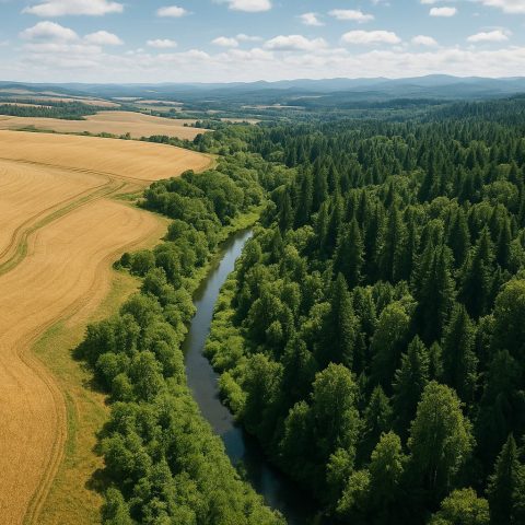 Aerial view of Washington State landscapes with wheat fields and forests.