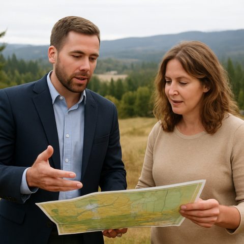 Land broker and client reviewing a map in a rural Washington landscape.