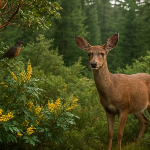 Washington State landscape with native plants and wildlife.