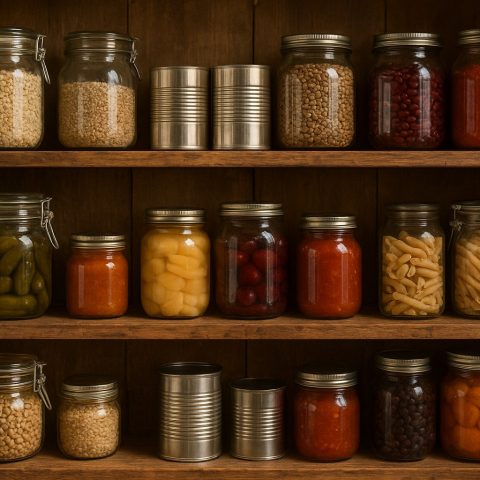 Pantry with canned goods and preserved foods in a rustic kitchen.