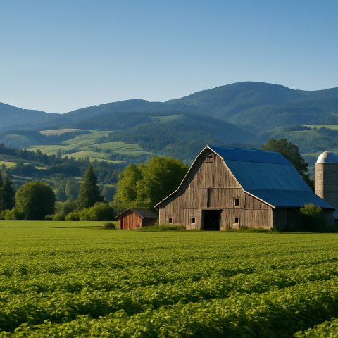 A Washington State farm with green fields and a barn.