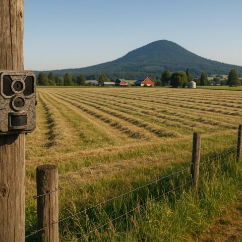 Trail camera on a Washington State farm monitoring a hay field.