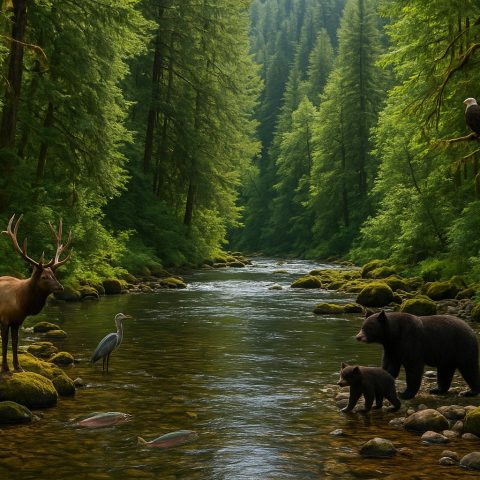 Washington State ecosystem with lush forests and a river full of wildlife.