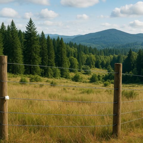 Wildlife-friendly fence in Washington State landscape with forests and hills.